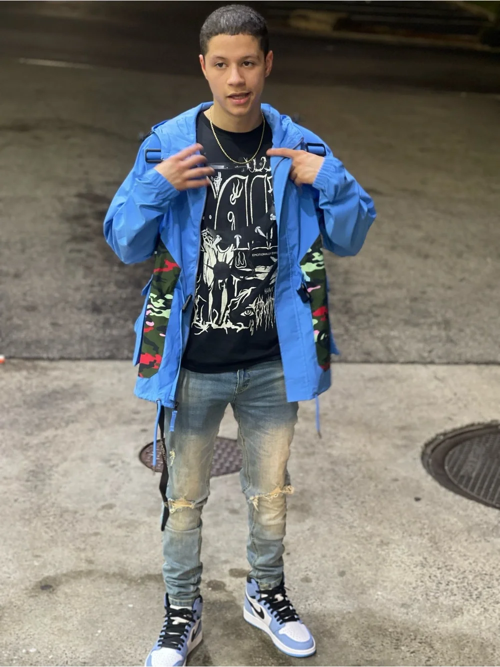 Light Blue Hooded Jacket with Camo Accent